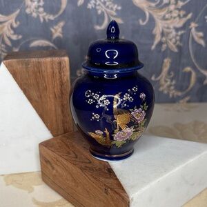 Vintage Cobalt Blue Ginger Jar Japanese Lidded Ceramic Porcelain Peacocks Floral